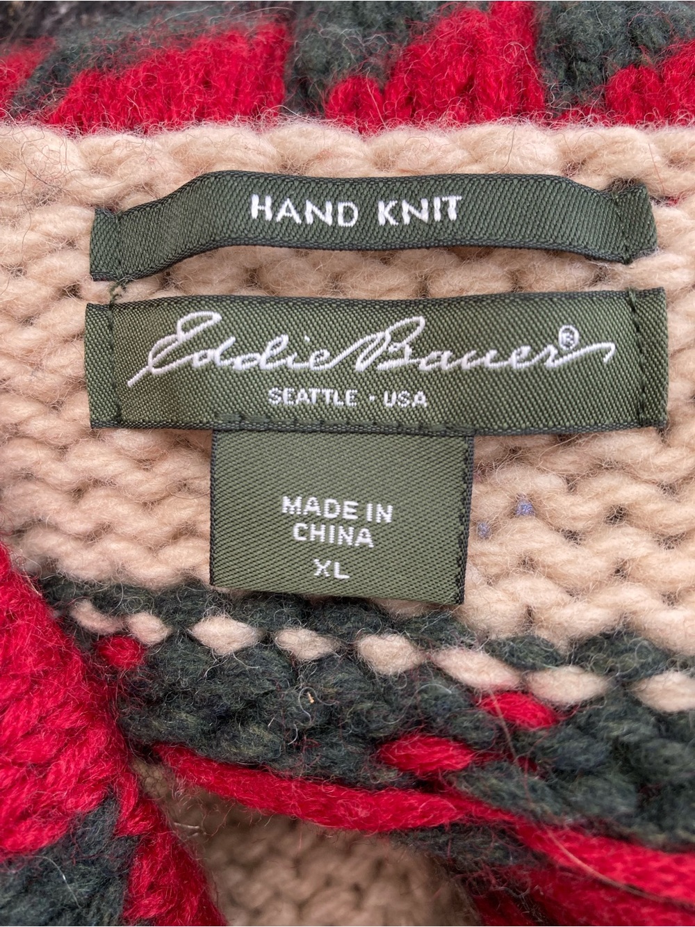 Eddie Bauer Beige Shawl Cardigan with Red & Dark Green Wool Tribal Pattern Hand - Picture 12 of 12